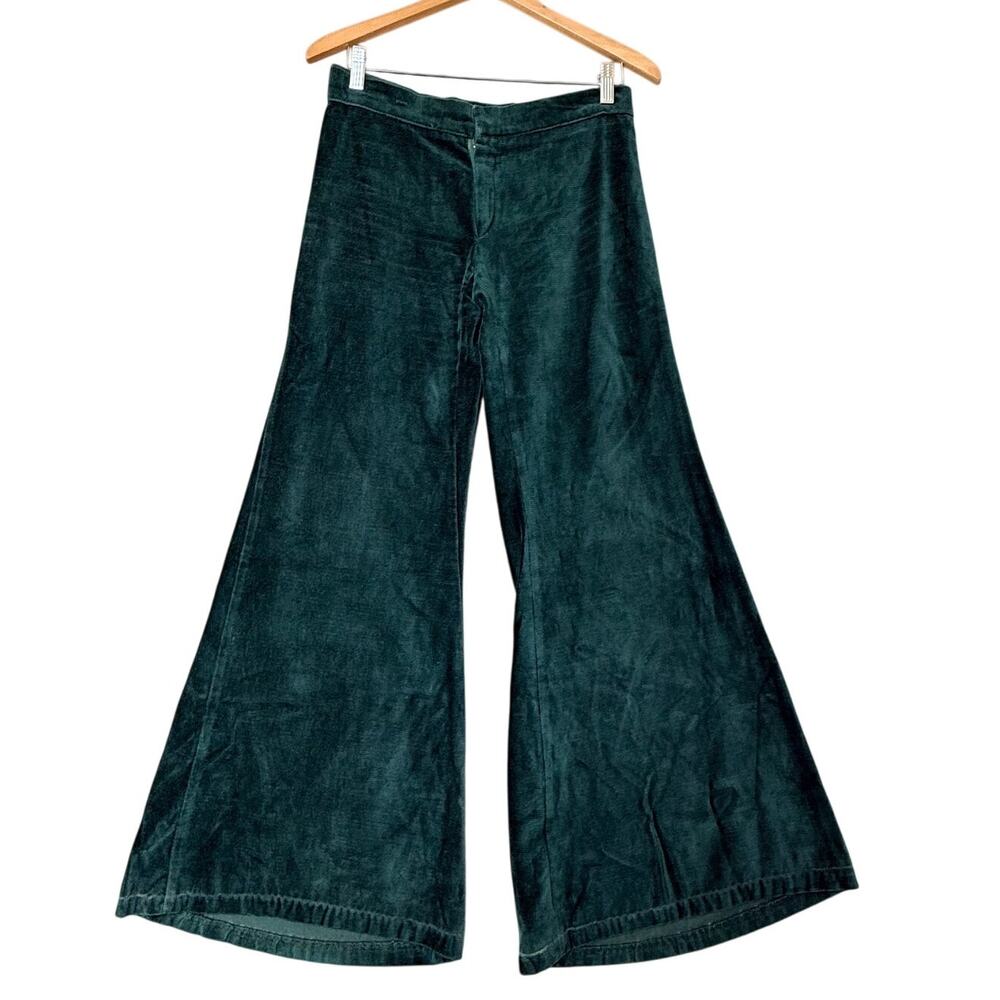 VTG 70s Happy Legs Velvet Flare Jeans Womens 30 8 Green Wide Leg Low Rise Pants